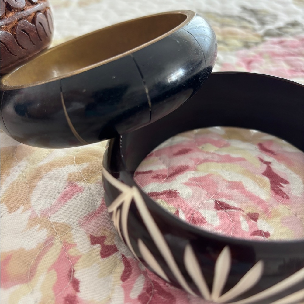Set of Three Wooden and Black Bangles